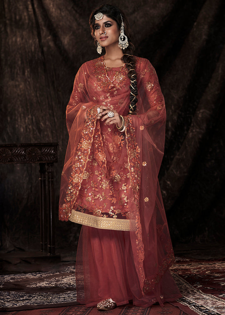 Chestnut Brown Designer Soft Net Sharara Suit with Sequin work