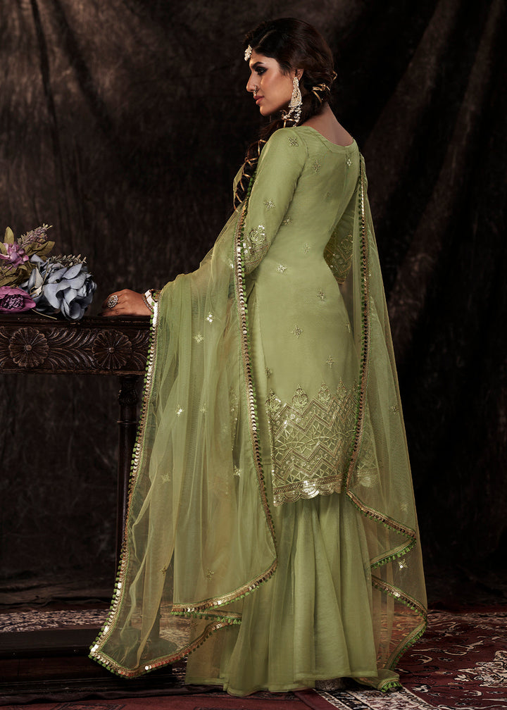 Pistachio Green Designer Soft Net Sharara Suit with Sequin work