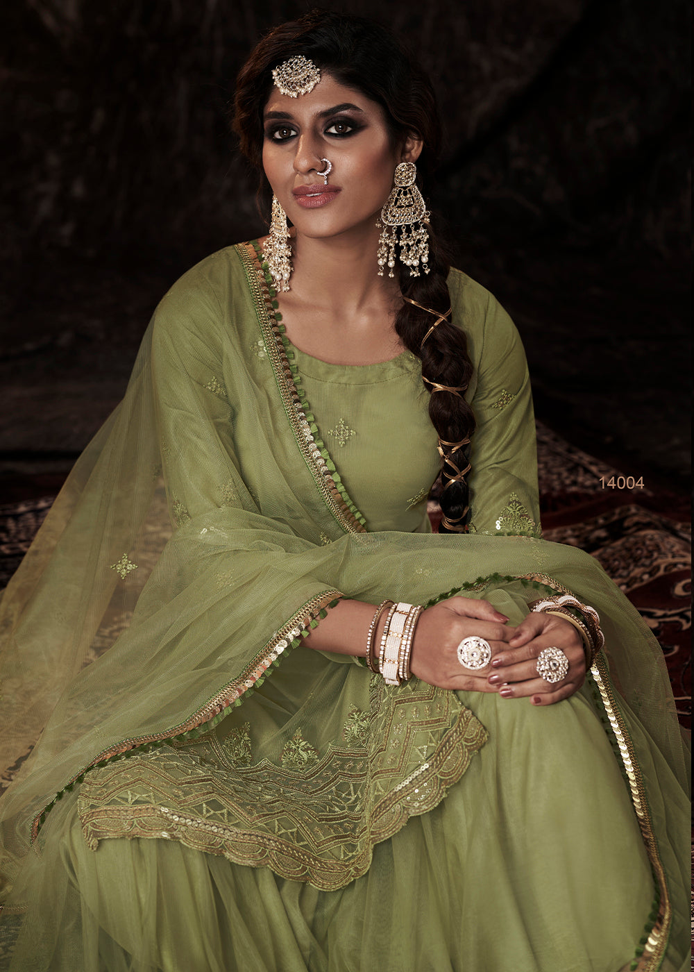 Pistachio Green Designer Soft Net Sharara Suit with Sequin work