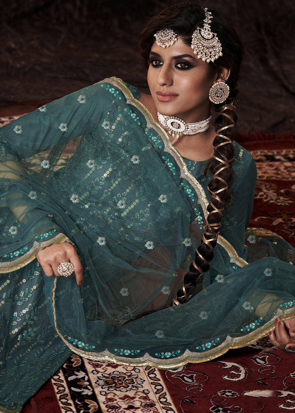 Cyprus Green Designer Soft Net Sharara Suit with Sequin work