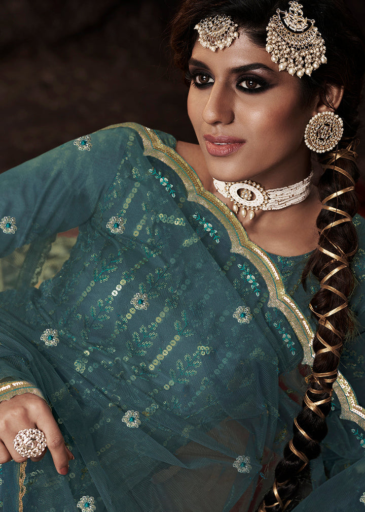 Cyprus Green Designer Soft Net Sharara Suit with Sequin work