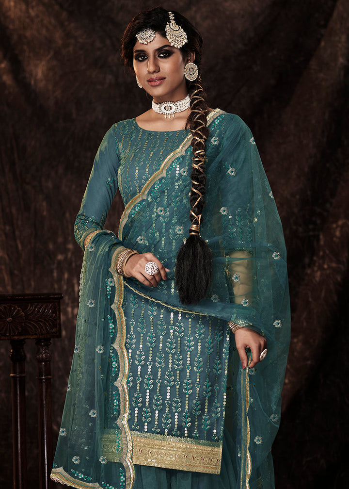 Cyprus Green Designer Soft Net Sharara Suit with Sequin work