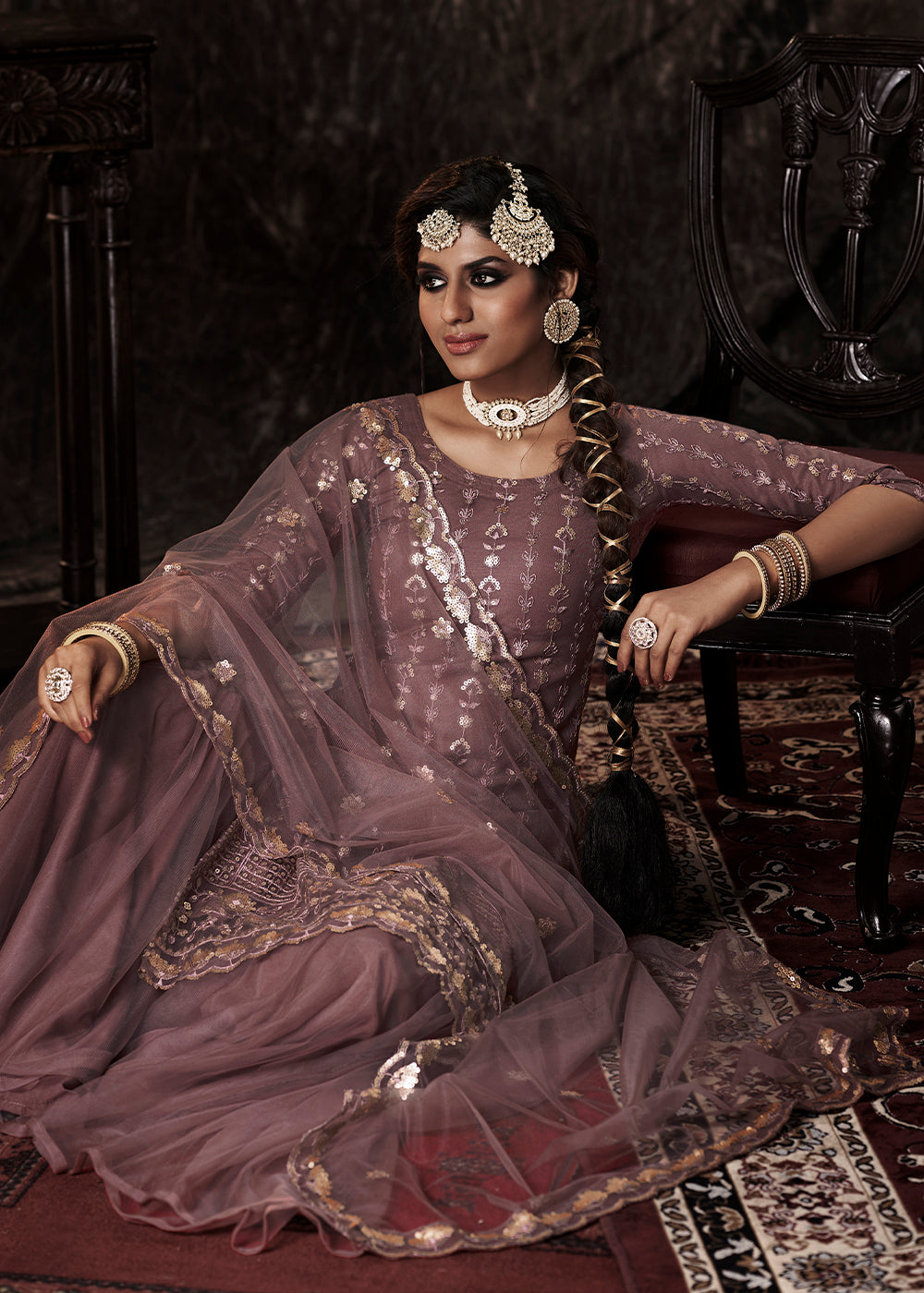 Plum Purple Designer Soft Net Sharara Suit with Sequin work