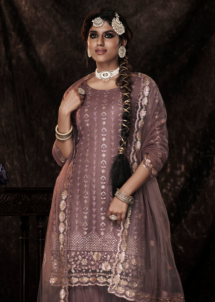 Plum Purple Designer Soft Net Sharara Suit with Sequin work