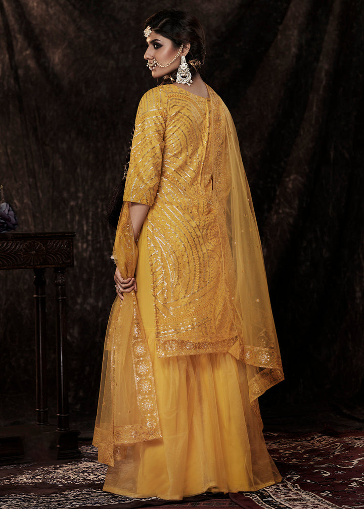 Golden Yellow Designer Soft Net Sharara Suit with Sequin work