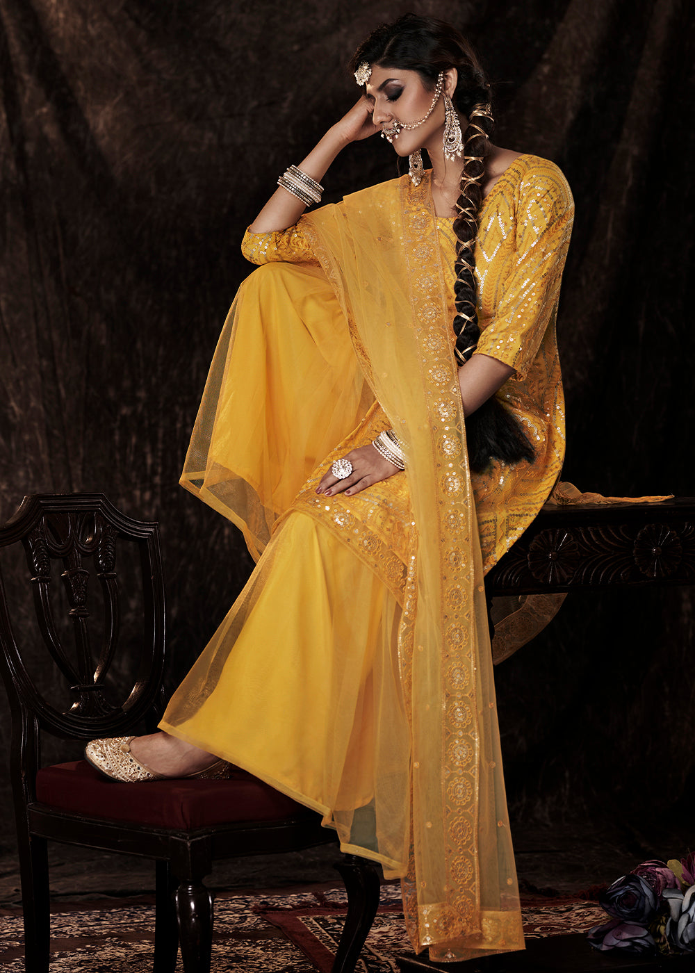 Golden Yellow Designer Soft Net Sharara Suit with Sequin work