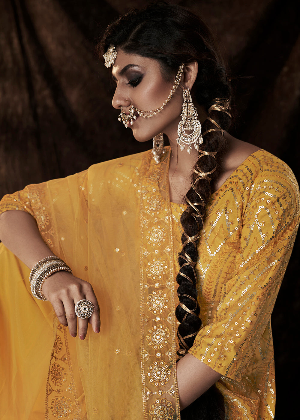 Golden Yellow Designer Soft Net Sharara Suit with Sequin work