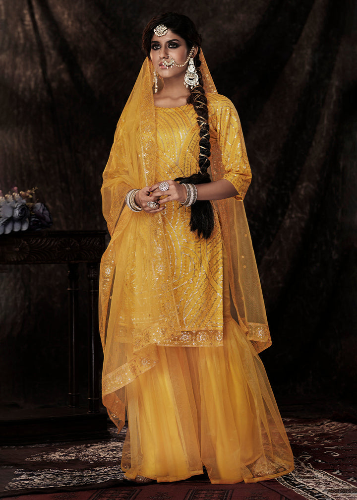 Golden Yellow Designer Soft Net Sharara Suit with Sequin work