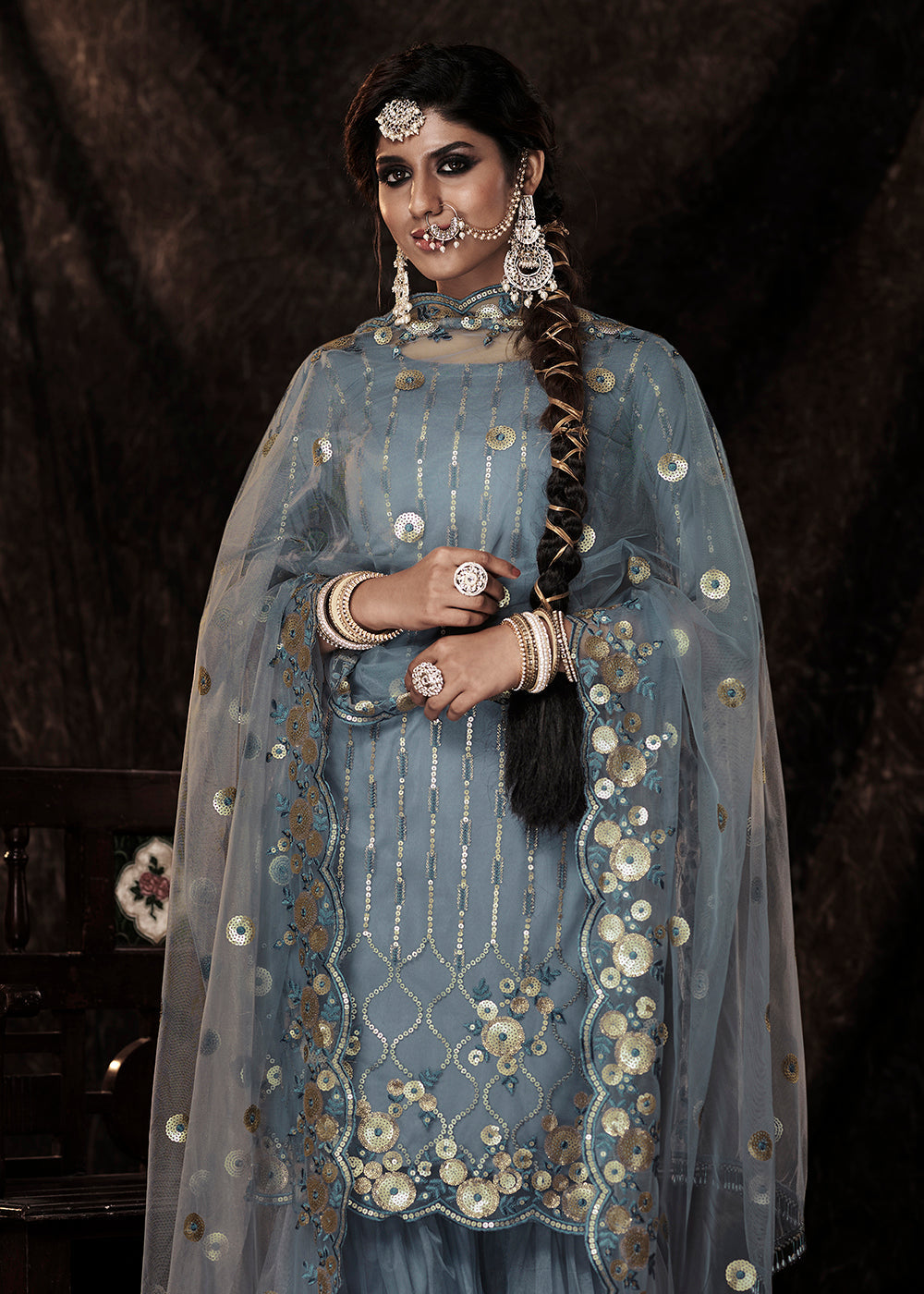 Slate Grey Designer Soft Net Sharara Suit with Sequin work