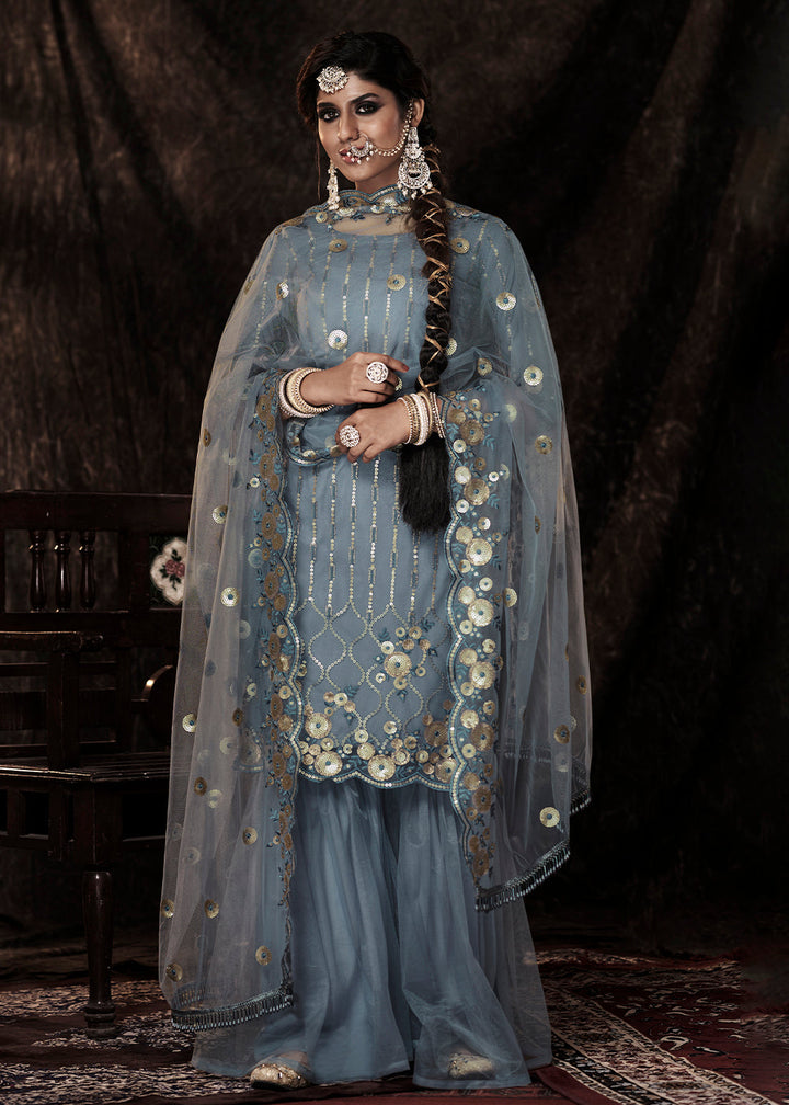 Slate Grey Designer Soft Net Sharara Suit with Sequin work