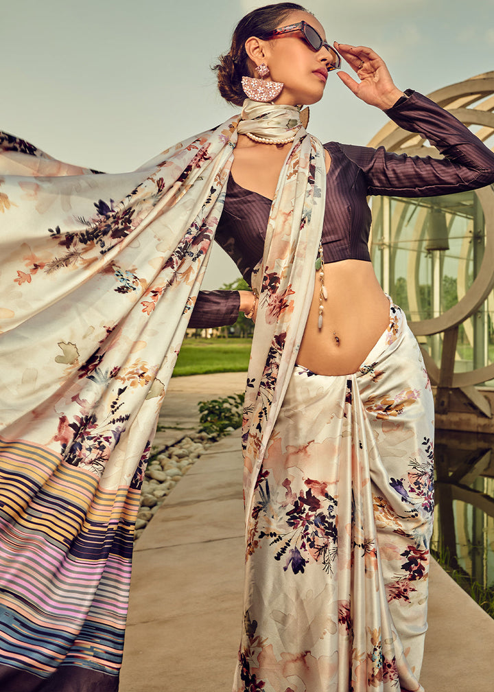 Pearl White Digital Printed Satin Silk Saree