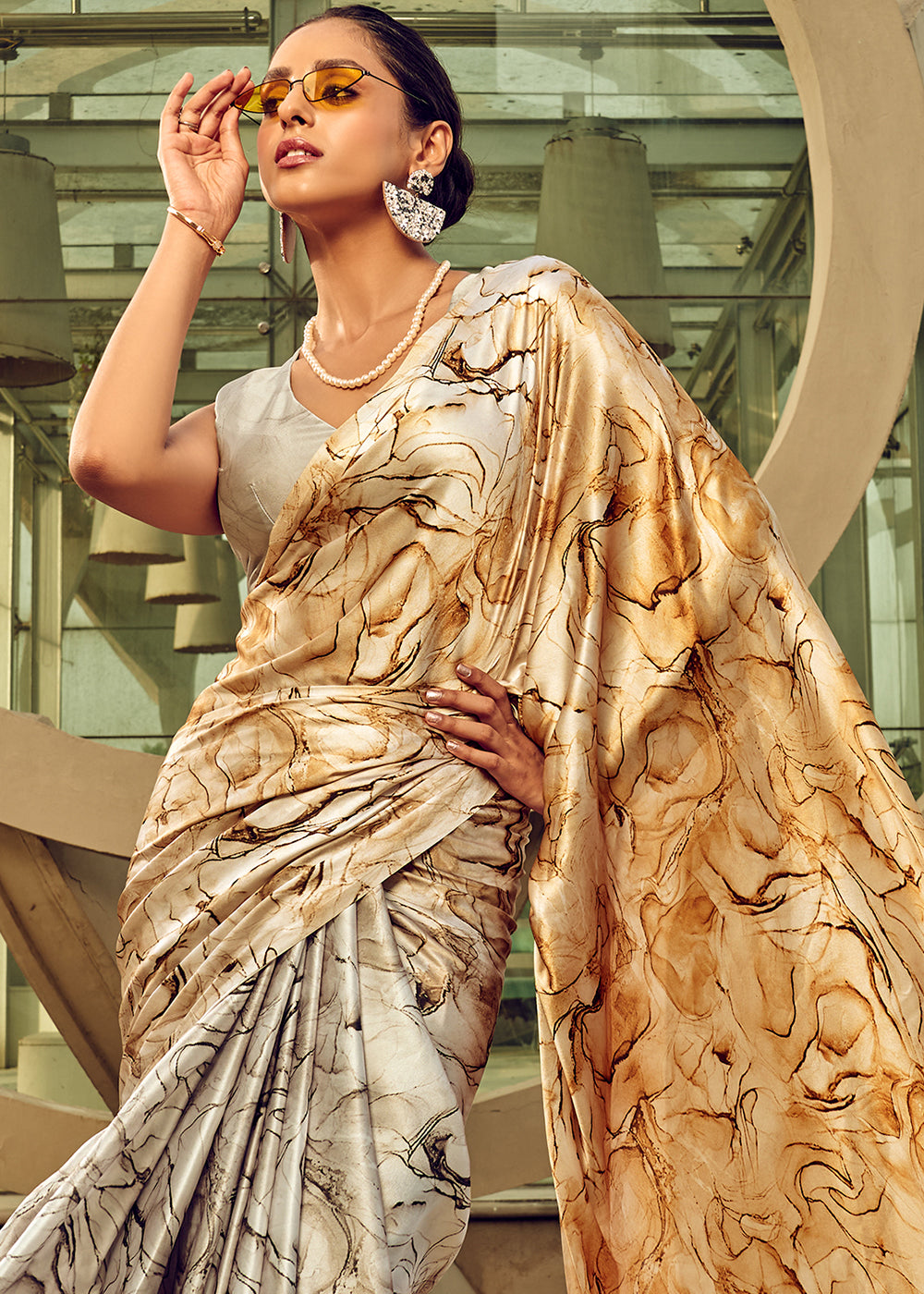 Grey & Cream Digital Printed Satin Silk Saree