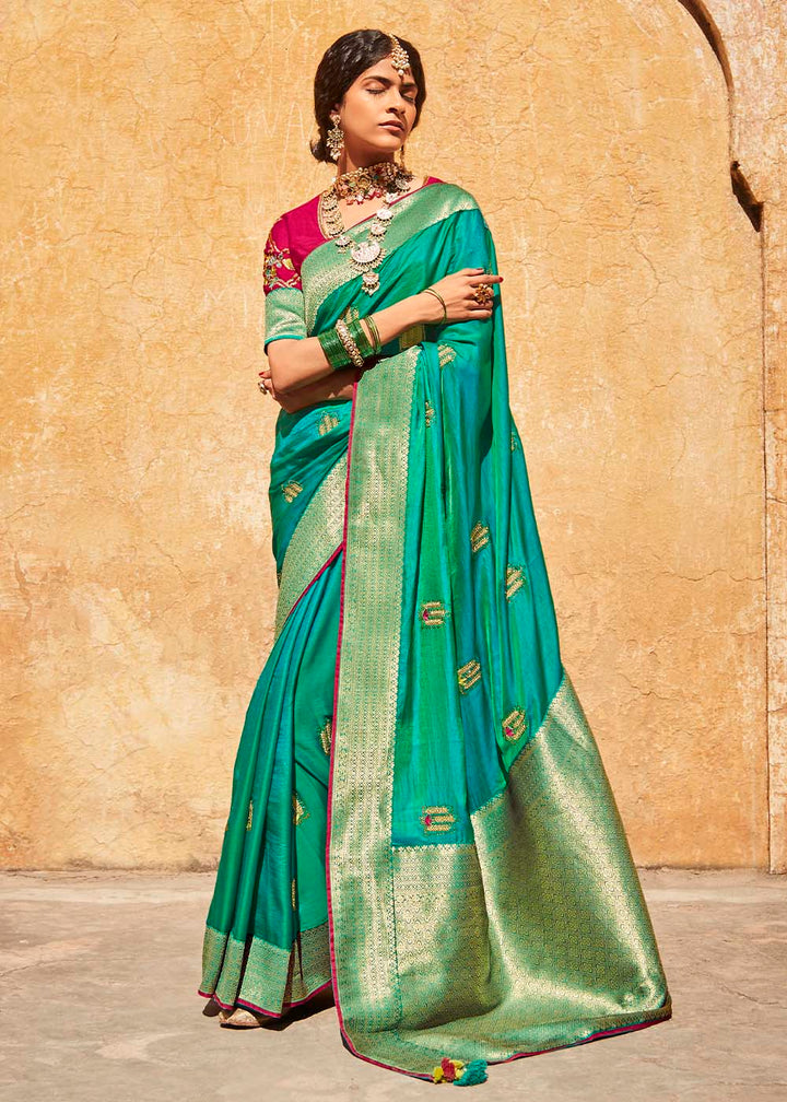 Shades Of Blue Woven Silk Saree with Embroidered Blouse