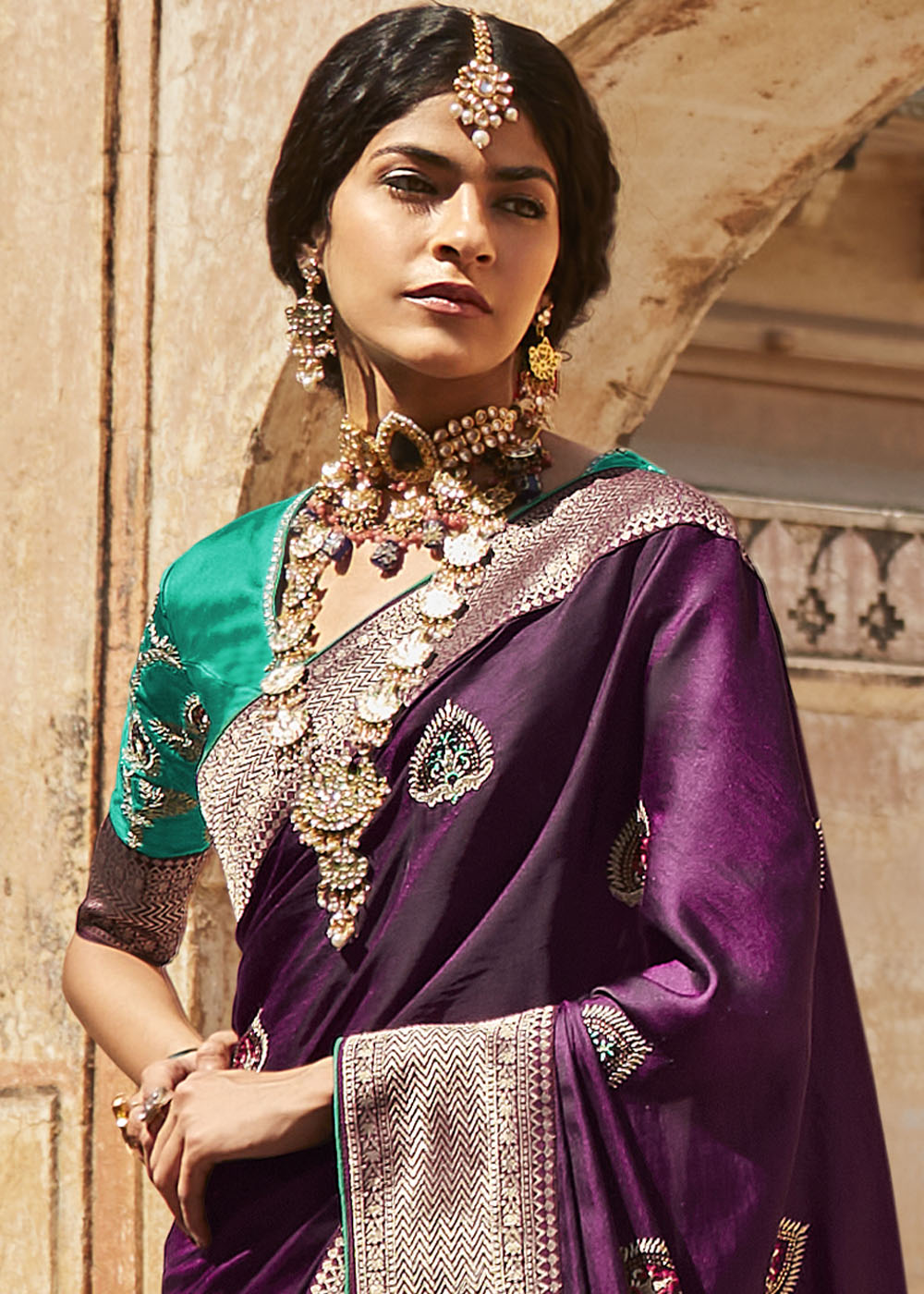 Sangria Purple Woven Silk Saree with Embroidered Blouse