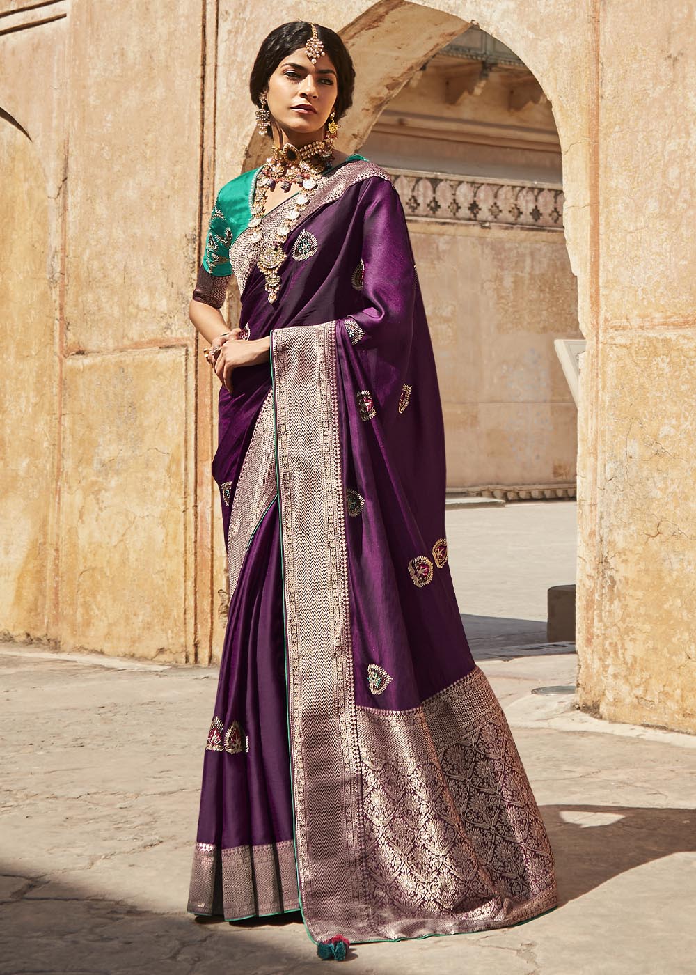 Sangria Purple Woven Silk Saree with Embroidered Blouse