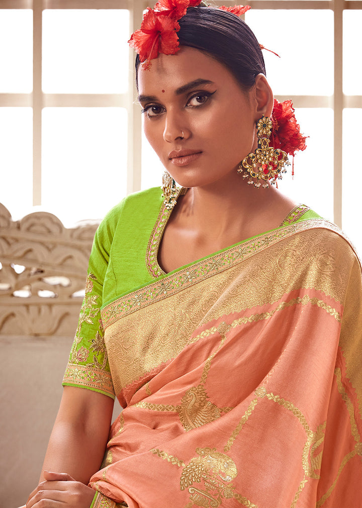 Peach Pink Woven Dola Silk Saree with Contrast Embroidered Border