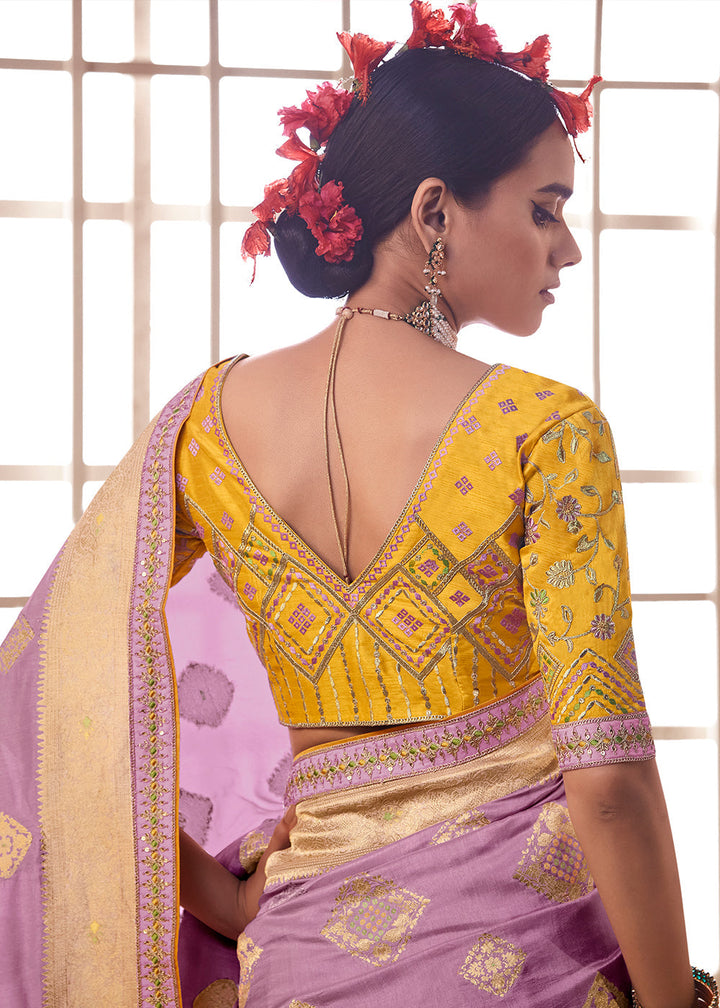 Lilac Purple Woven Dola Silk Saree with Contrast Embroidered Border