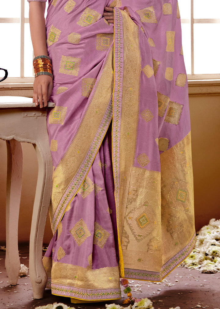 Lilac Purple Woven Dola Silk Saree with Contrast Embroidered Border