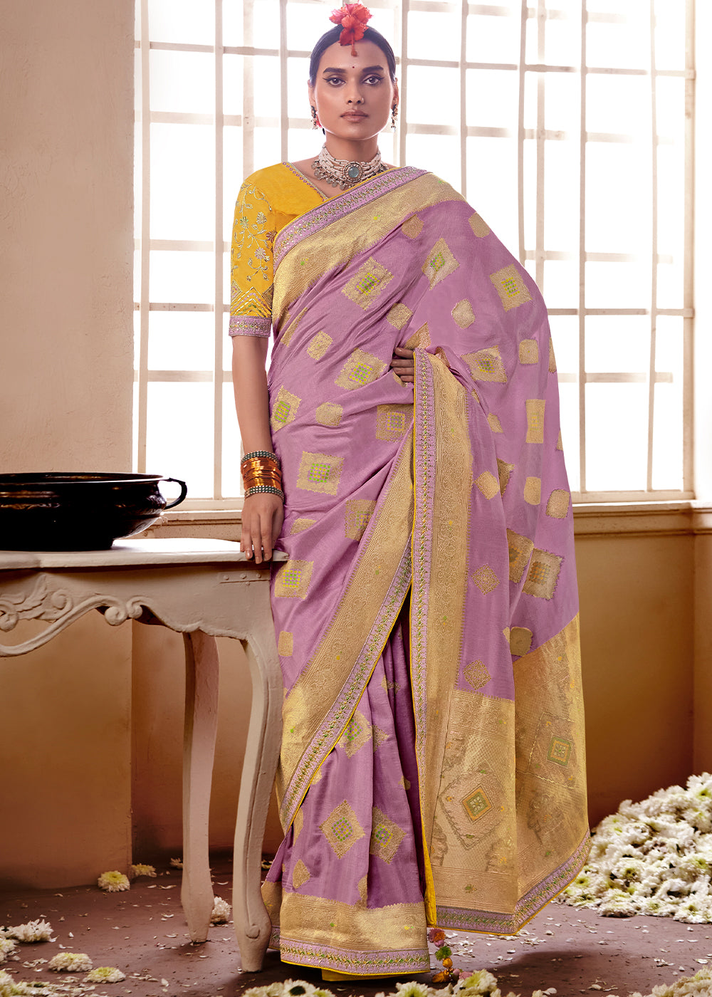 Lilac Purple Woven Dola Silk Saree with Contrast Embroidered Border