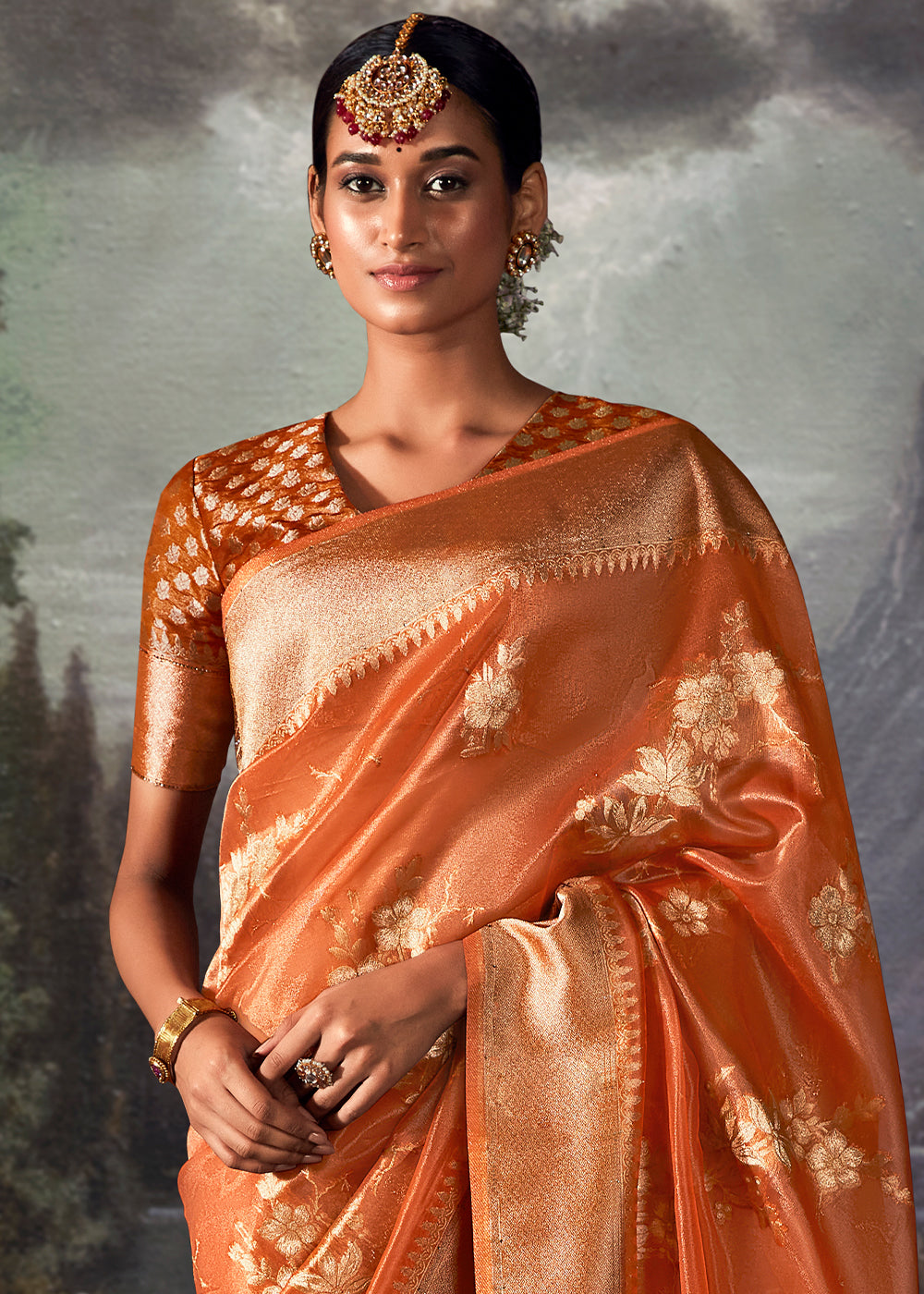 Yam Orange Zari Woven Organza Silk Saree with Swarovski Work