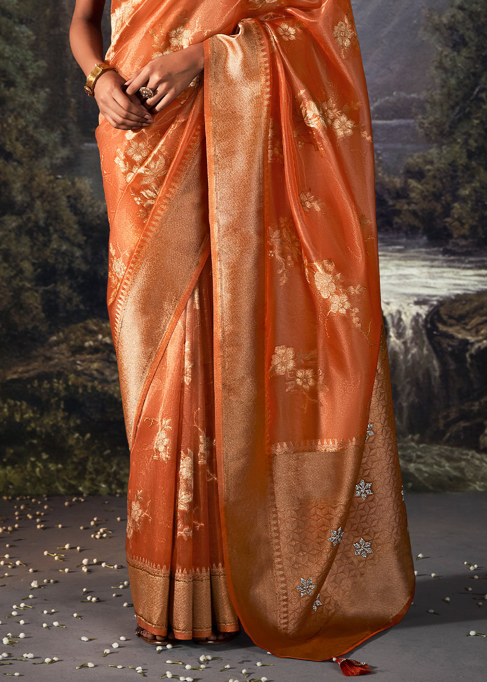 Yam Orange Zari Woven Organza Silk Saree with Swarovski Work