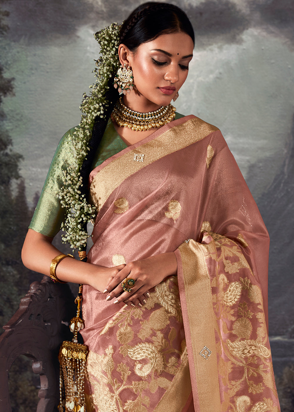 French Pink Zari Woven Organza Silk Saree with Swarovski Work