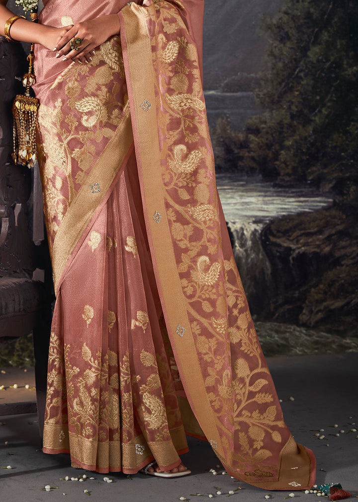 French Pink Zari Woven Organza Silk Saree with Swarovski Work