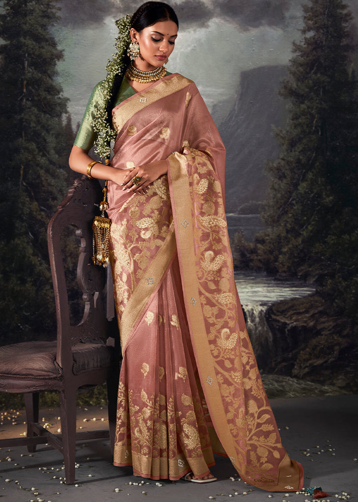 French Pink Zari Woven Organza Silk Saree with Swarovski Work