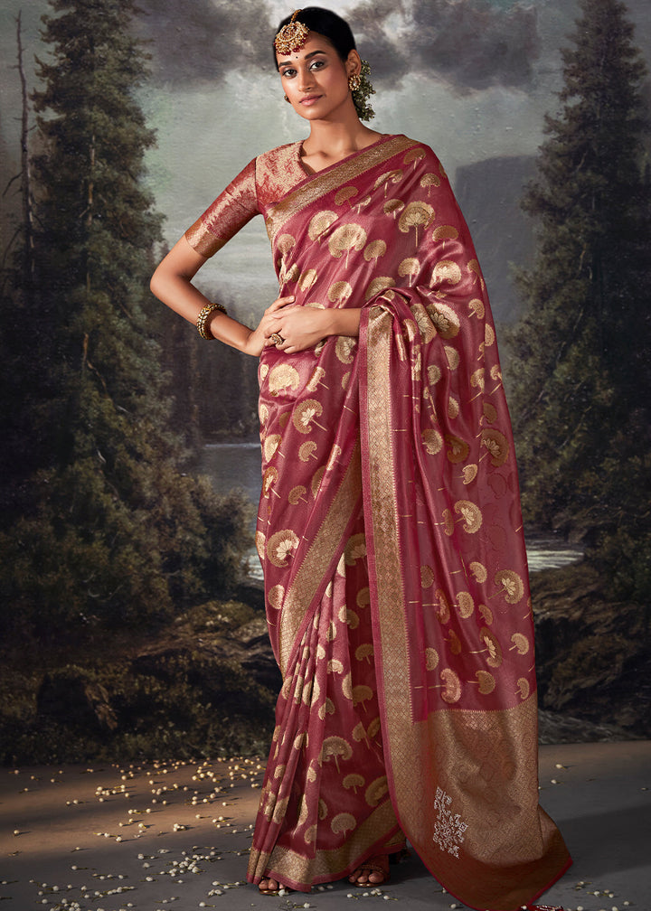 Mystic Pink Zari Woven Organza Silk Saree with Swarovski Work