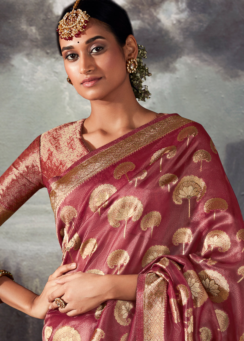 Mystic Pink Zari Woven Organza Silk Saree with Swarovski Work