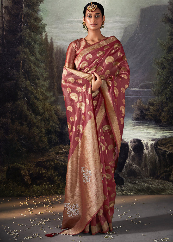 Mystic Pink Zari Woven Organza Silk Saree with Swarovski Work