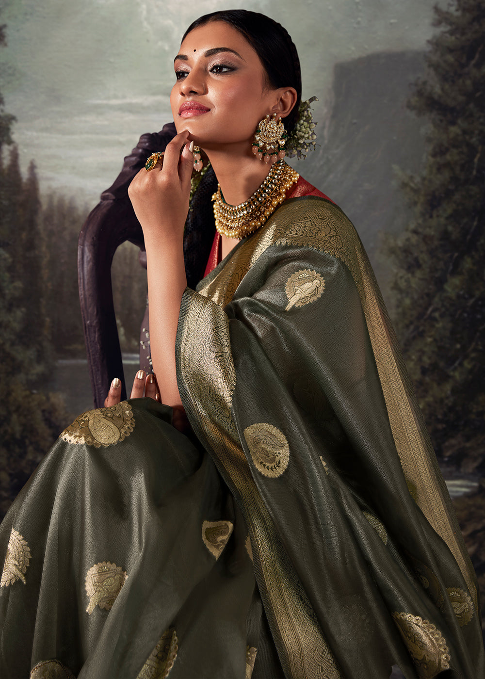 Onyx Grey Zari Woven Organza Silk Saree with Swarovski Work