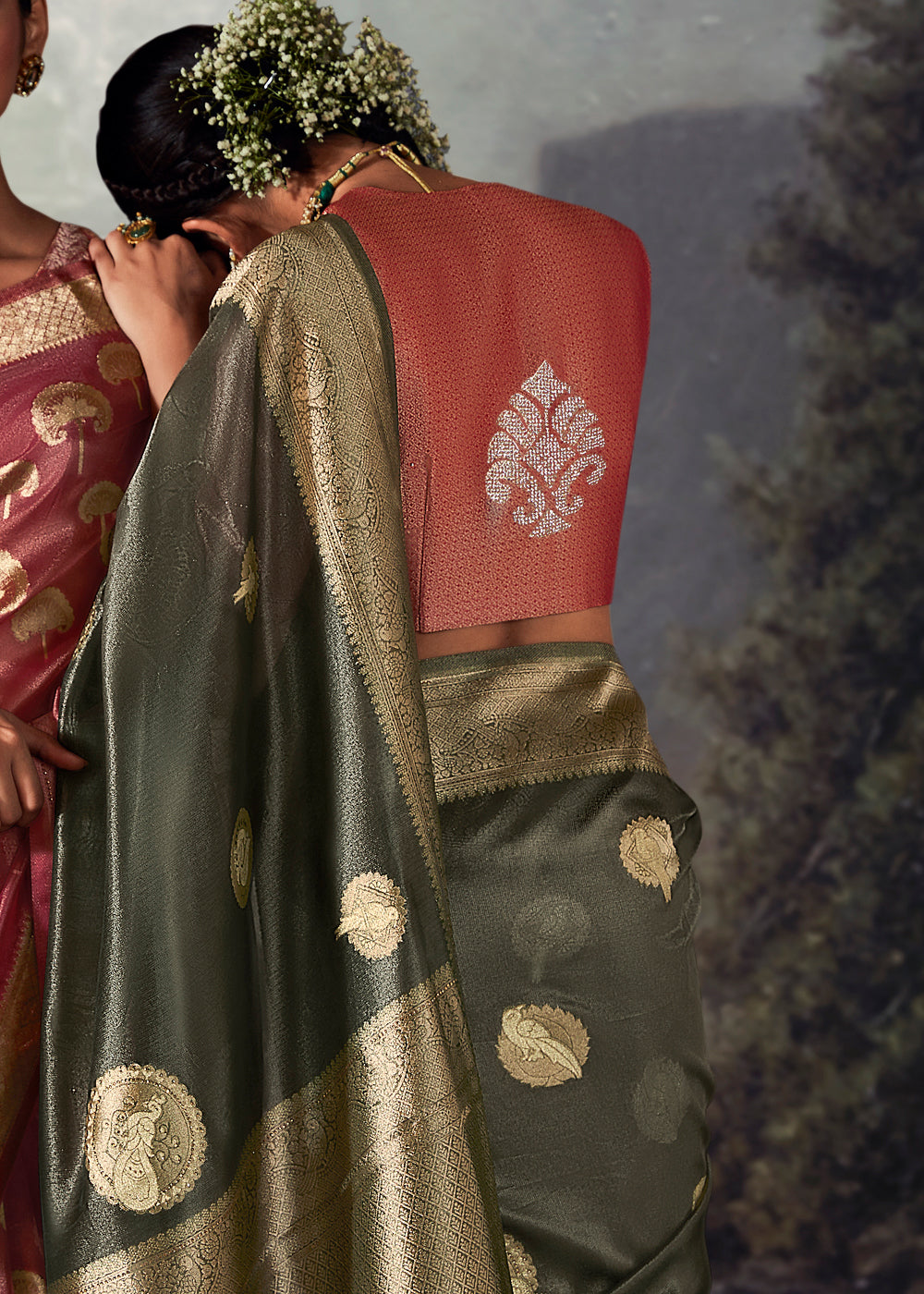 Onyx Grey Zari Woven Organza Silk Saree with Swarovski Work