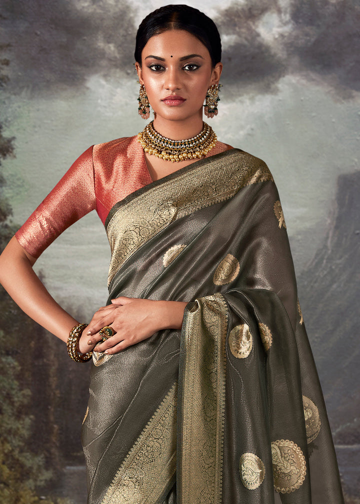 Onyx Grey Zari Woven Organza Silk Saree with Swarovski Work