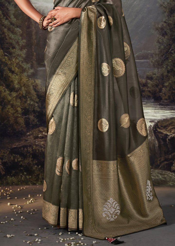 Onyx Grey Zari Woven Organza Silk Saree with Swarovski Work