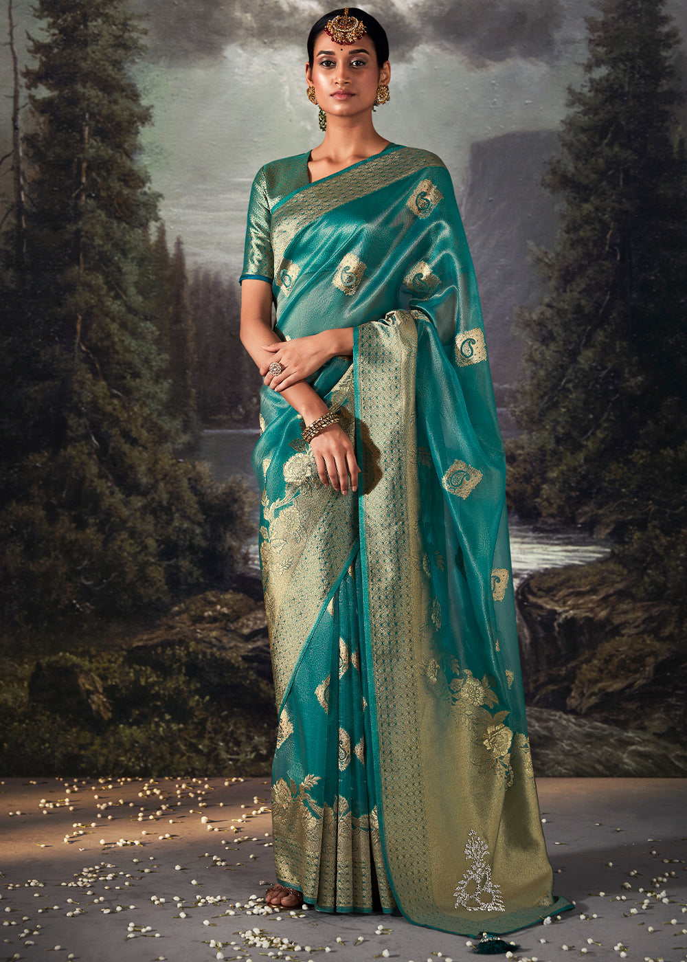 Pacific Blue Zari Woven Organza Silk Saree with Swarovski Work