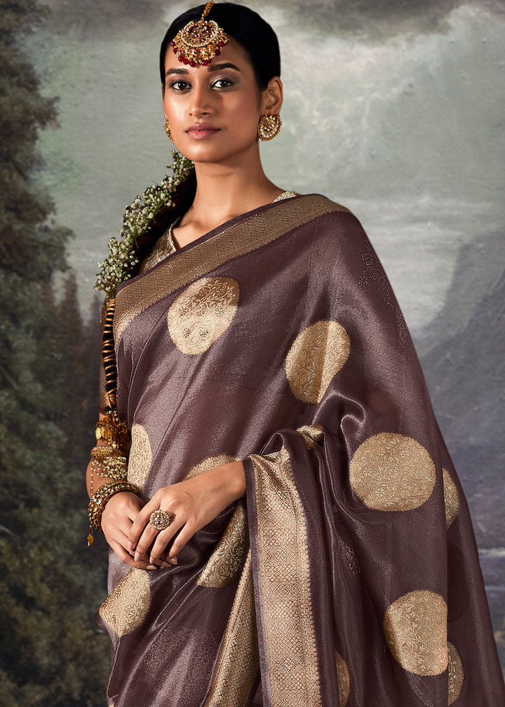 Aubergine Purple Zari Woven Organza Silk Saree with Swarovski Work