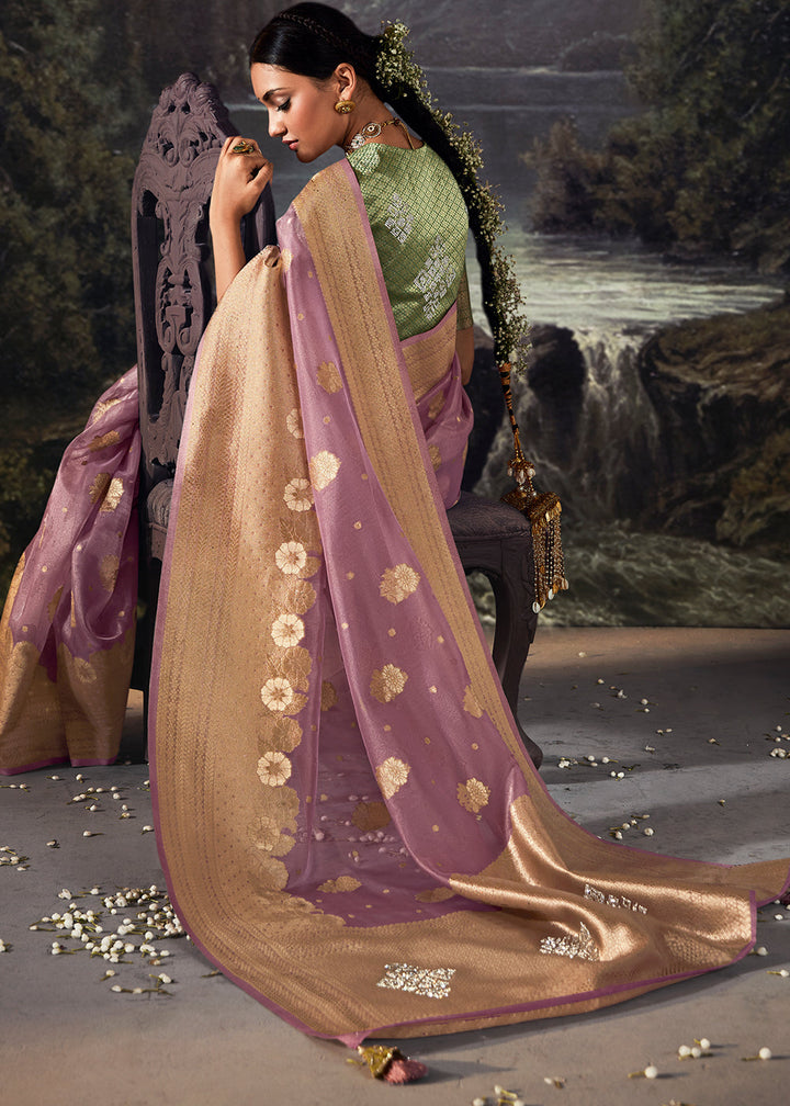 Lilac Purple Zari Woven Organza Silk Saree with Swarovski Work