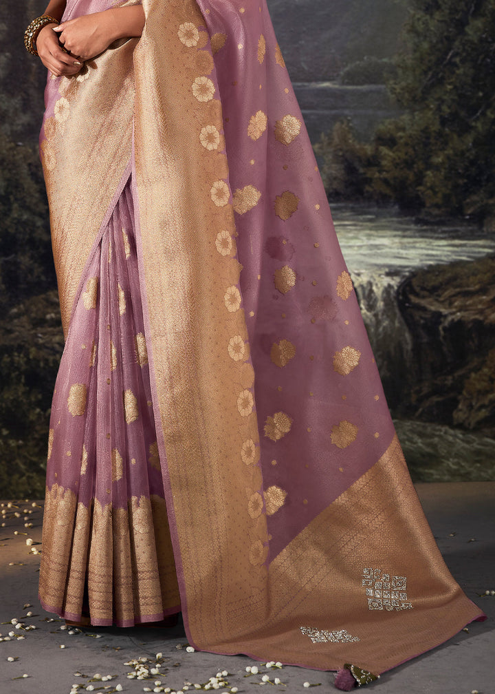 Lilac Purple Zari Woven Organza Silk Saree with Swarovski Work