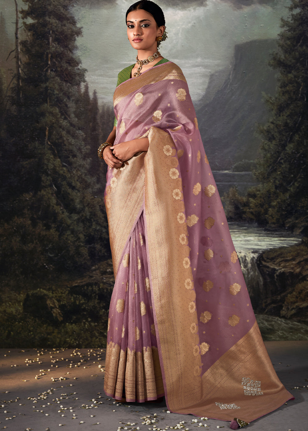 Lilac Purple Zari Woven Organza Silk Saree with Swarovski Work