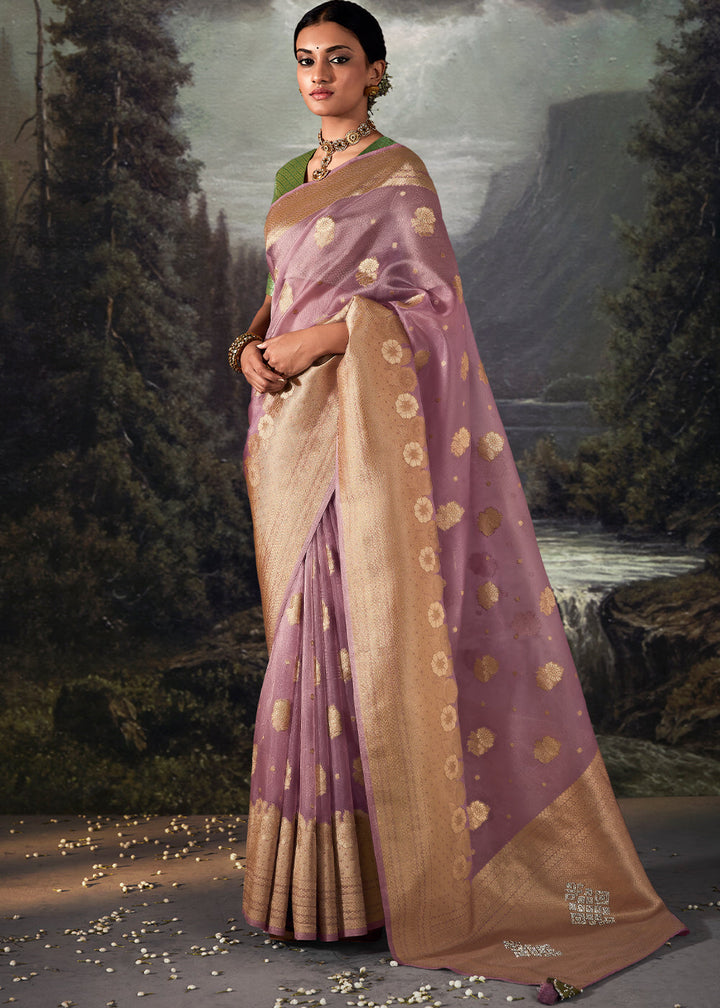 Lilac Purple Zari Woven Organza Silk Saree with Swarovski Work