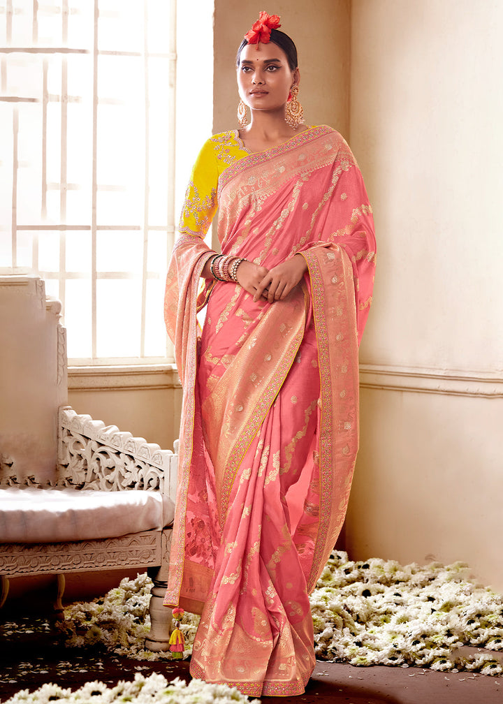 Punch Pink Woven Dola Silk Saree with Contrast Embroidered Border