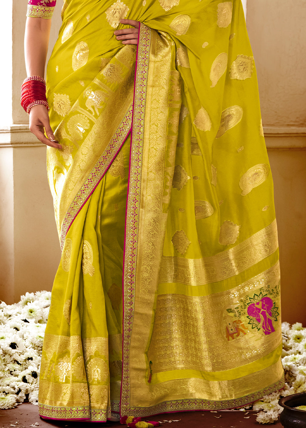 Suphur Spring Green Woven Dola Silk Saree with Contrast Embroidered Border