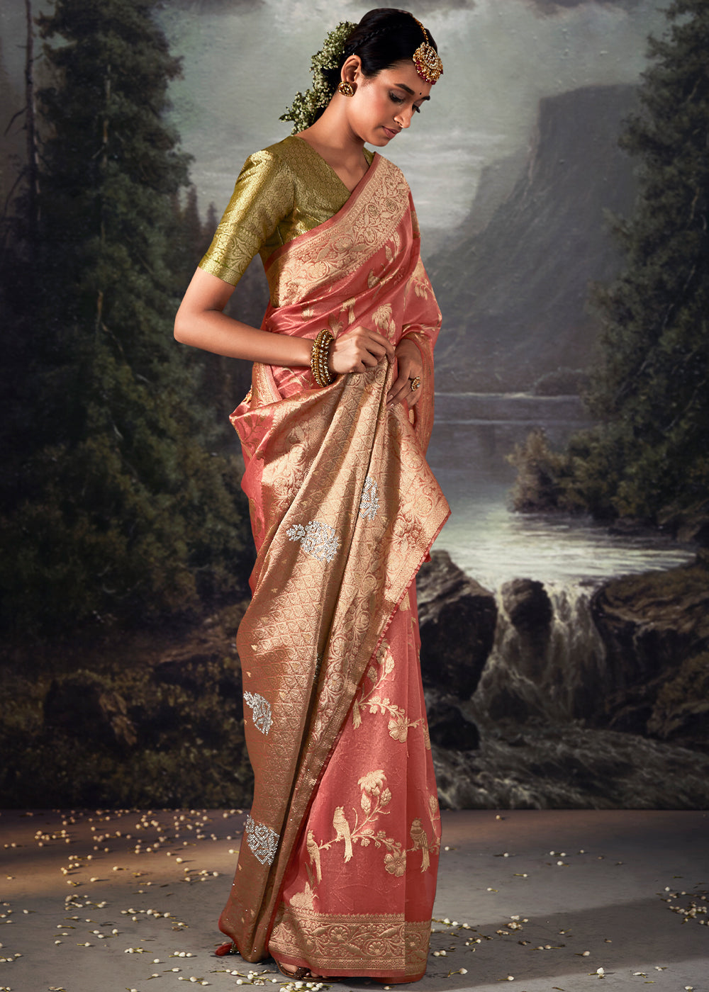 Brink Pink Zari Woven Organza Silk Saree with Swarovski Work