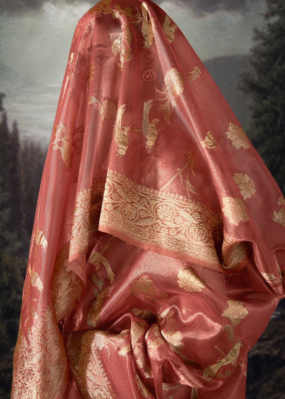 Brink Pink Zari Woven Organza Silk Saree with Swarovski Work