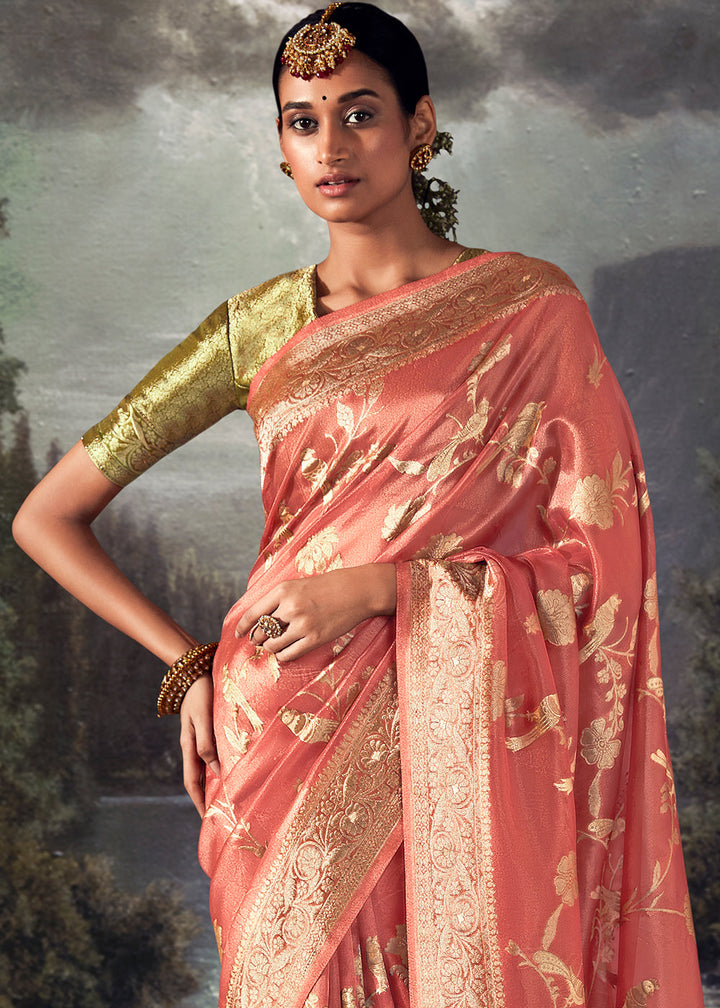 Brink Pink Zari Woven Organza Silk Saree with Swarovski Work