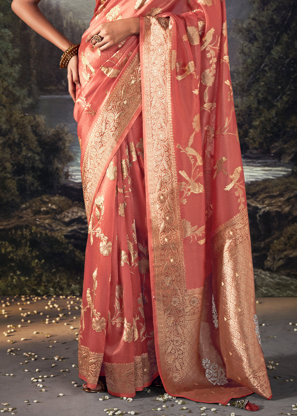 Brink Pink Zari Woven Organza Silk Saree with Swarovski Work