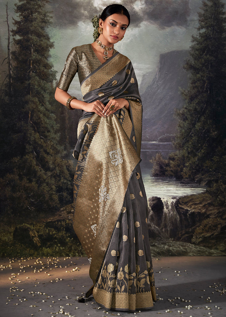 Anchor Grey Zari Woven Organza Silk Saree with Swarovski Work