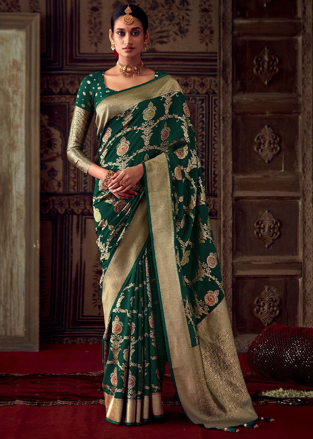 Sacramento Green Meenakari Weaving Dola Silk Saree