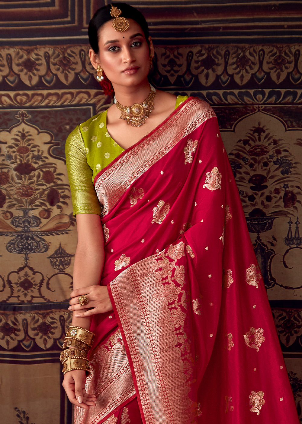 Bridal Red Meenakari Weaving Dola Silk Saree